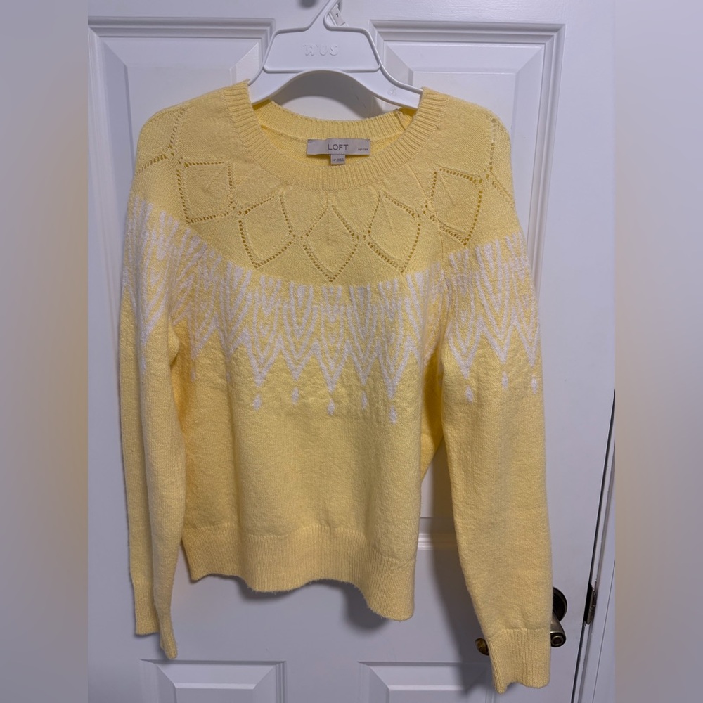 Loft petite medium women’s crewneck sweater. 
Soft butter yellow with white.